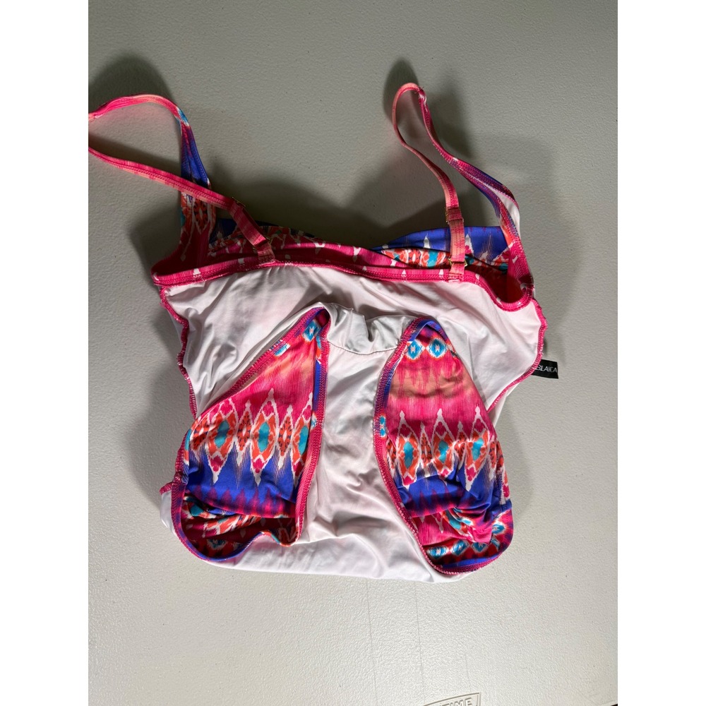 La Blanca Womens Pink Blue Medium Geometric One Piece Swimsuit Adjustable Straps - Picture 3 of 8